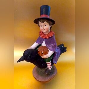 Boy Wizard on Black Raven Crow Halloween Whimsical Figurine - 11"